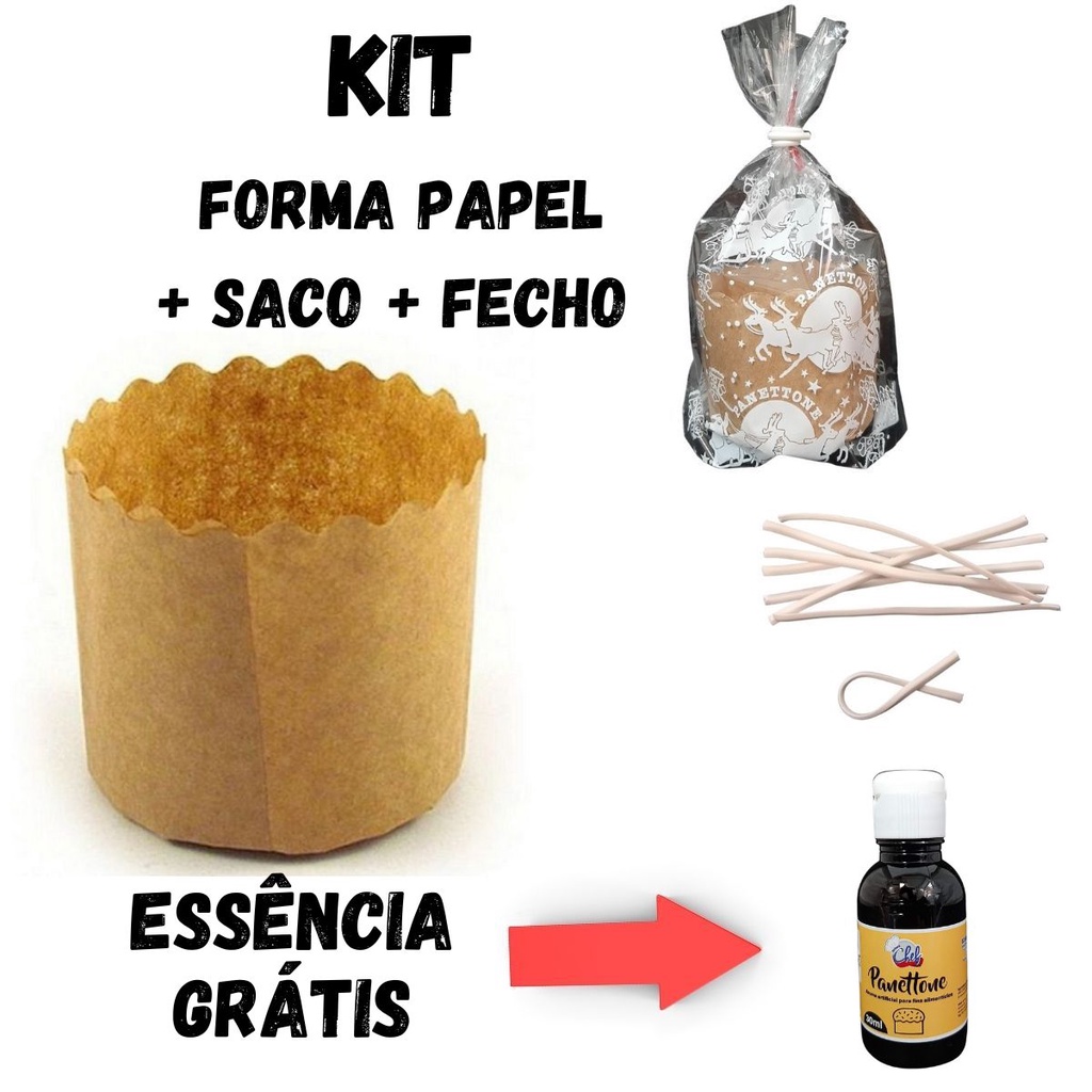 Kit 20 Forma Papel Panetone 100g Saco Fecho Essência