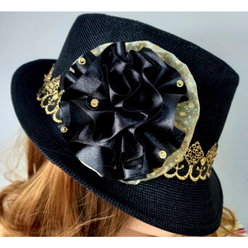 Chapéu Pombagira Preto Dourado Rosa Negra Da Noite Calunga Encruzilhada