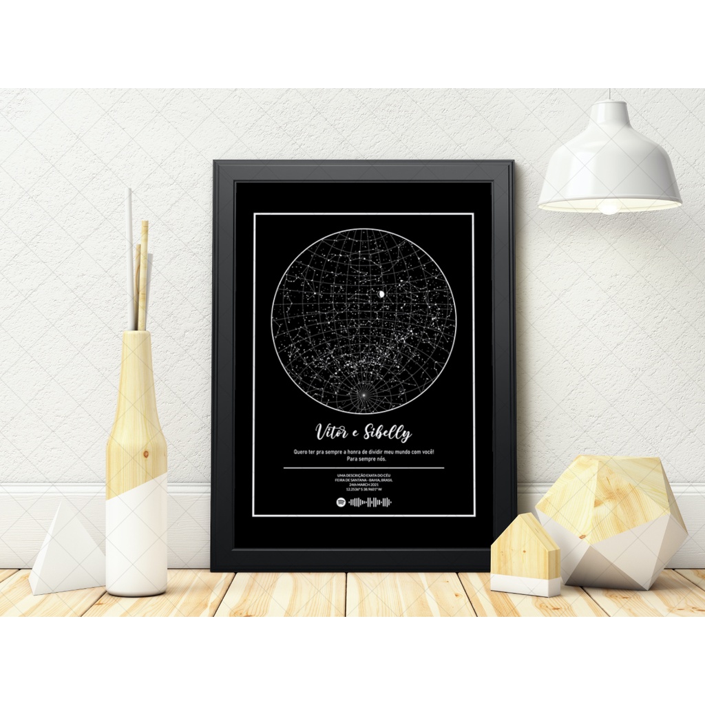 Quadro Mapa Das Estrelas  Céu No Dia Moldurado