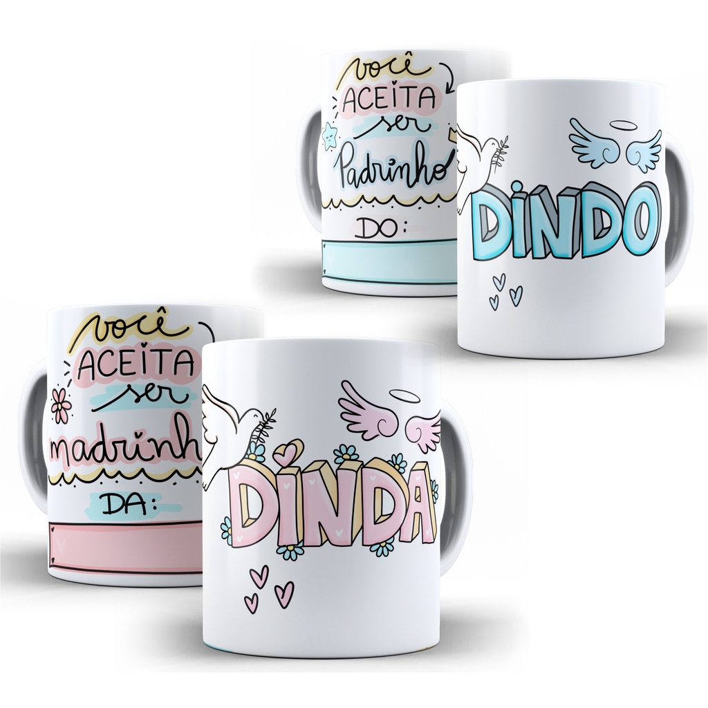 Kit 2 Canecas Dindo e Dinda com nome, frase e foto Personalizada presentear seus padrinhoss