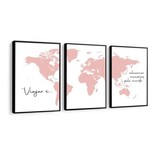 Kit Quadros Decorativos Mapa Mundi Viajar Frase Rosa Sala