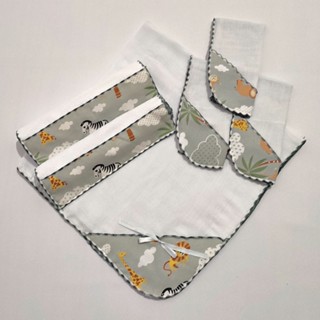 Kit Enxoval do Bebê 6 Peças Bebê Maternidade 3 Pano Fraldinha de Boca Babetes 1 Manta Fralda 2 Toalhinha Ombro 100% Algodao Safari Cinza