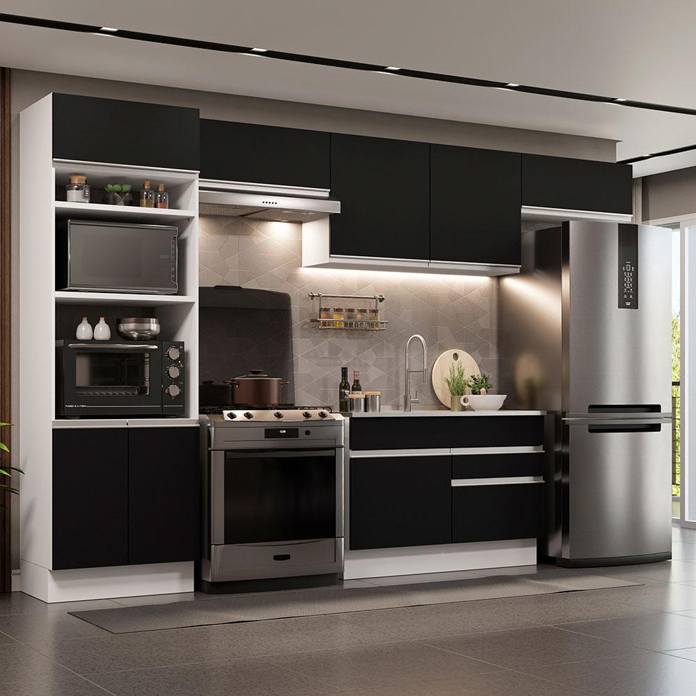 Cozinha Completa Madesa Glamy 350001 com Armário e Balcão (Sem Tampo e Pia) - Branco/Preto - Home & Living