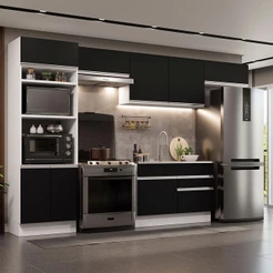 Cozinha Completa Madesa Glamy 350001 com Armário e Balcão (Sem Tampo e Pia) - Branco/Preto