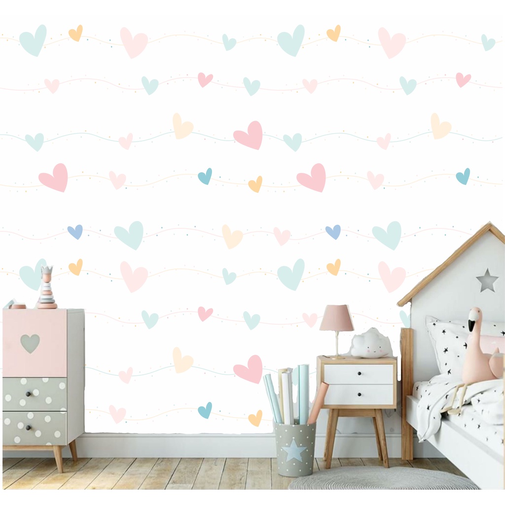 Papel Parede Adesivo Lavável Infantil Corações Coloridos Quarto Menina