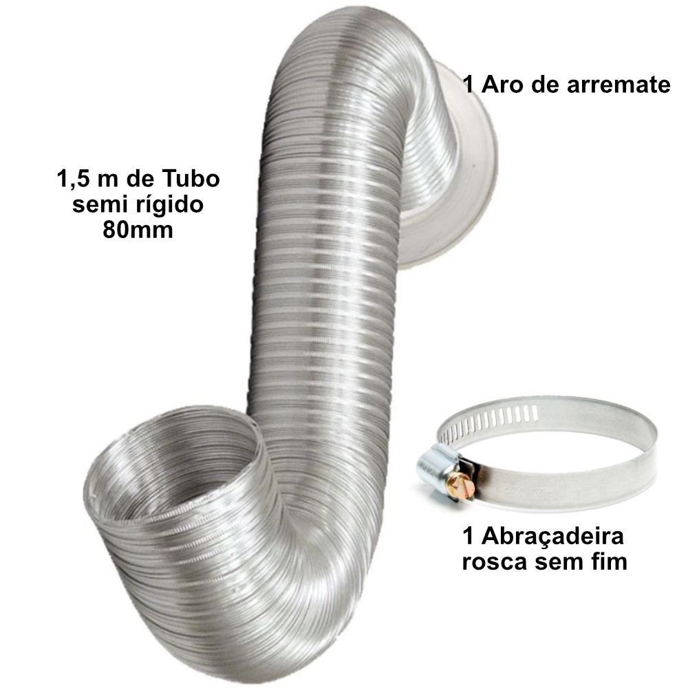 Tubo Semi Rígido em alumínio 80mm com 1,5m - com aro de arremate e abraçadeira