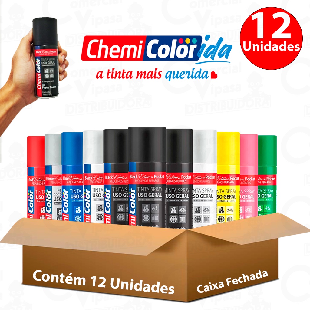 Kit Caixa de Tinta Spray 12 Unidades ChemiColor 100ml 60g Pocket Uso Geral / Metálica / Luminoso Diversas Cores