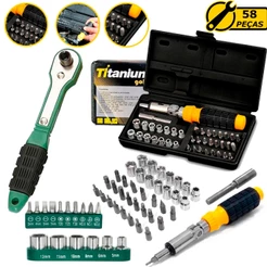 Kit Ferramentas Soquete Canhão Bits Chave Catraca Articulada 58 Peças Hobby Multiuso Prático
