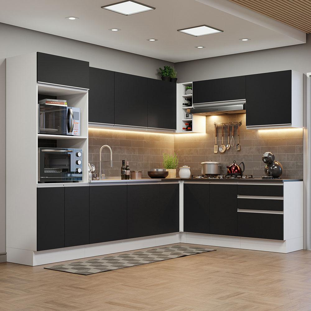 Armário de Cozinha Completa de Canto 100% MDF 479cm Branco/Preto Acordes Madesa 03