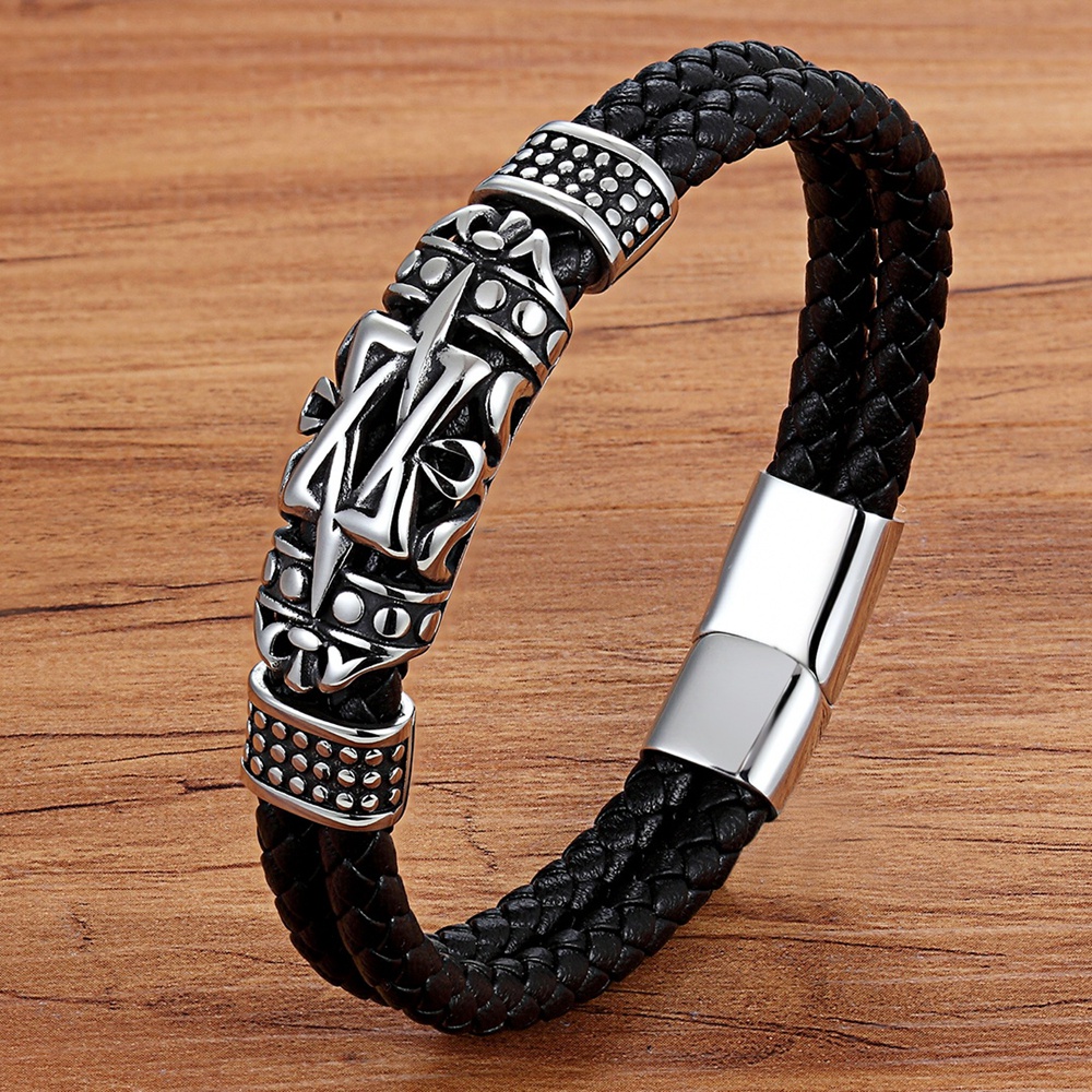 Arquitetura Antiga Totem Elegante Pequena Decoração Couro Genuíno Pulseira De Aço Inoxidável Dupla Camada Mão Jóias Pres