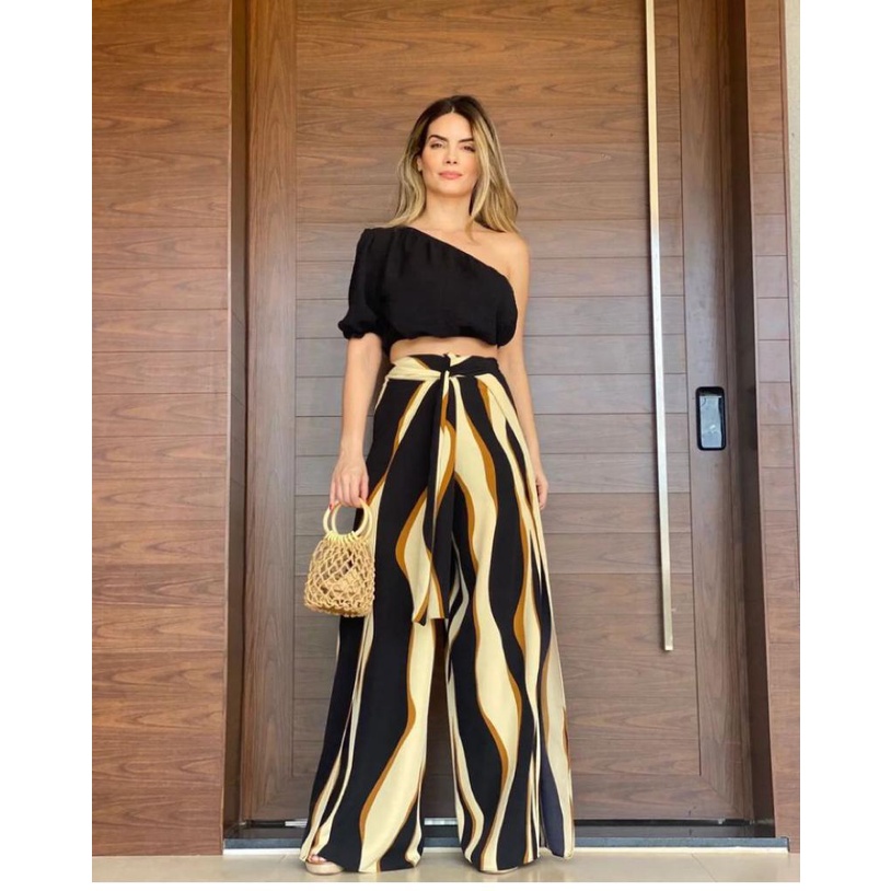 CALÇA PANTALONA ENVELOPE ASSIMETRICA E ONÇA TECIDO CREPINHO