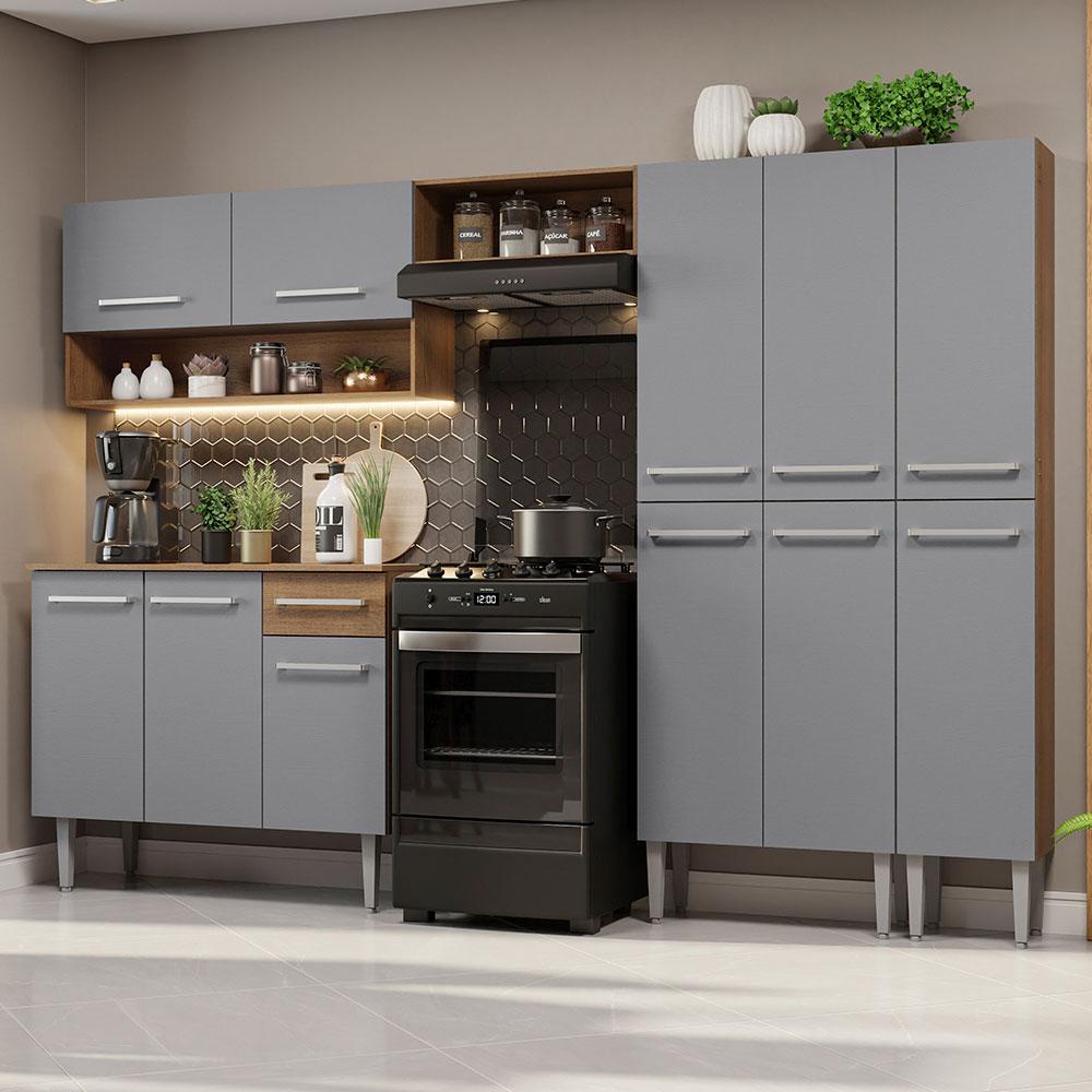 Armário de Cozinha Completa 261cm Rustic/Cinza Emilly Madesa 02 em Oferta na Shopee