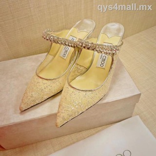 [Tamanho EUR] 【 8.5/6.5cm 】 Jimmy Choo High Heel Slippers Mesh Confortável Sapatos De Trabalho Respiráveis Casamento Cintilantes