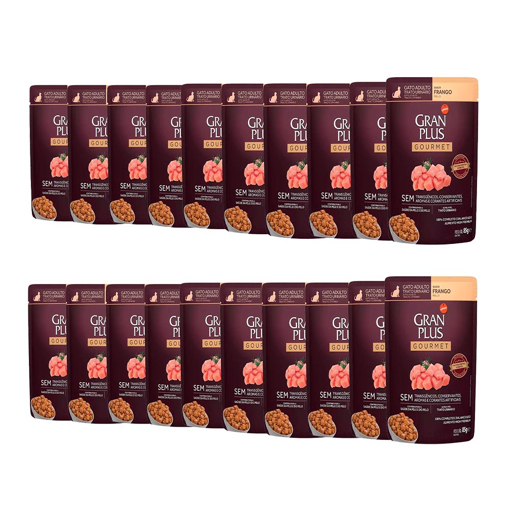 20 Rações Úmida Gran Plus Sachê Gatos Gourmet Trato Urinário Frango - 85g em Oferta na Shopee