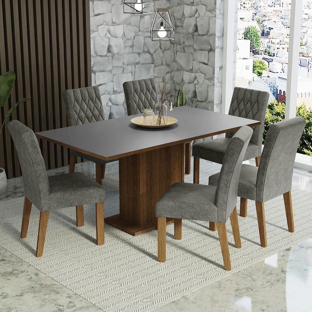 Conjunto Sala de Jantar Mesa Tampo de Madeira 6 Cadeiras Rustic/Cinza/Silver Hanna Madesa - Home & Living