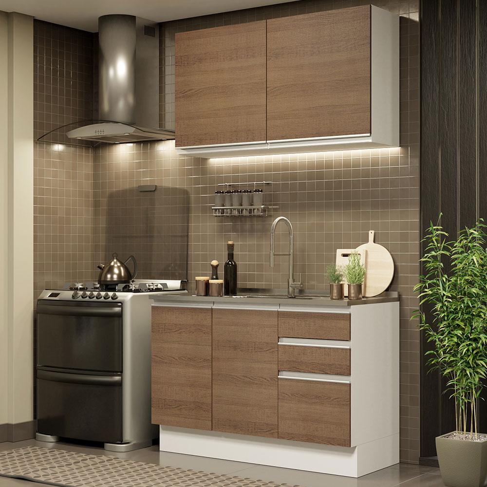 Armário de Cozinha Compacta 120cm Branco/Rustic Glamy Madesa 03 em Oferta na Shopee