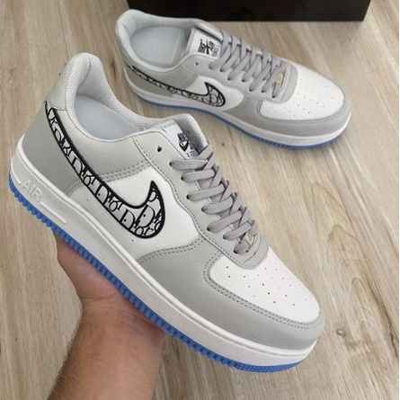 Tênis Dior NK Air Force Cinza Branco Azul Adulto Masculino