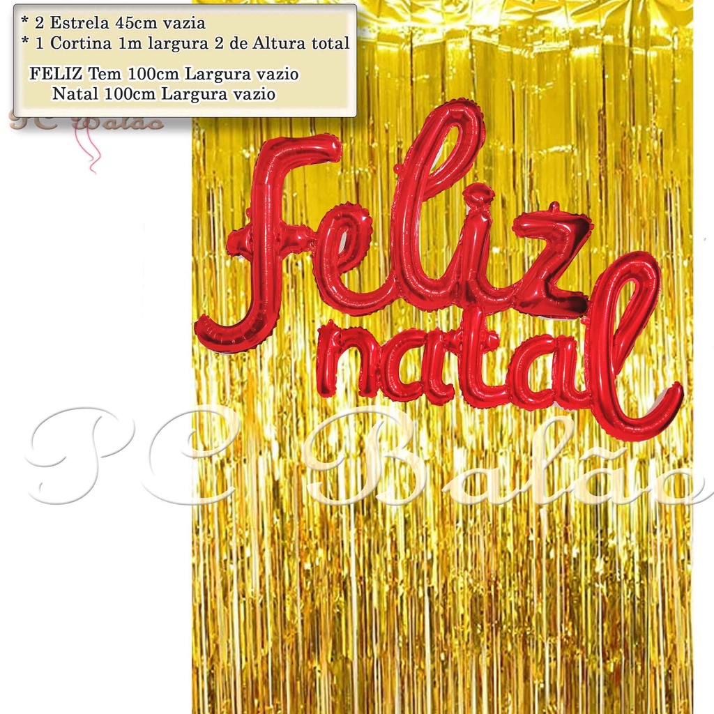 Kit Balão Metalizado 1 Frase FELIZ NATAL Vermelho 100cm + 1 Cortina DOURADA  1M X 2M | Shopee Brasil