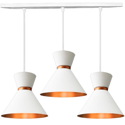 Pendente Luxo Rainha Lustre Branco c/ Cobre Triplo na Canopla Retangular Para Sala De Jantar