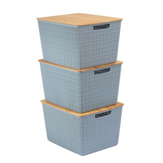 Kit 3 caixas organizadoras c/ tampa de bambu 18l azul– Oikos