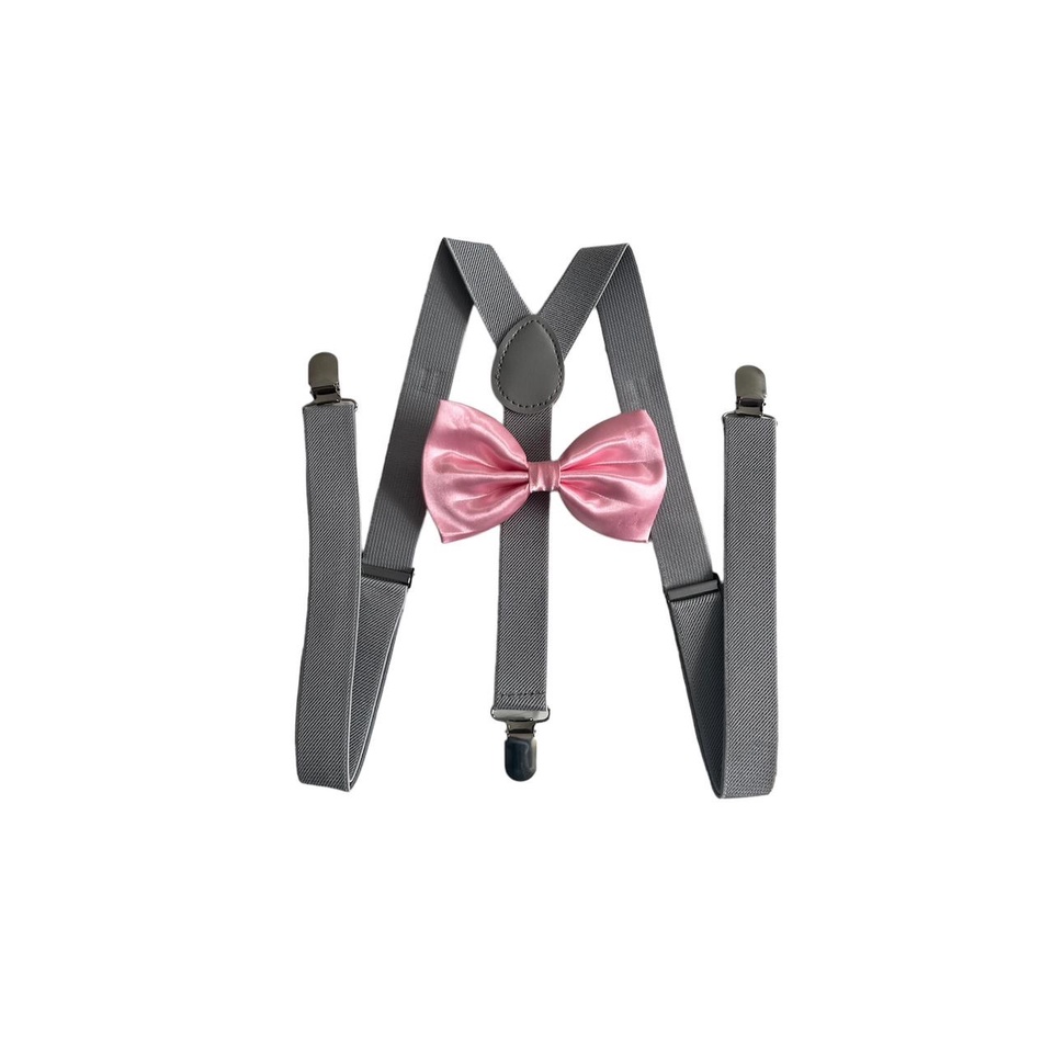 Kit Suspensório Cinza Claro + Gravata Borboleta Rosa Bebê  SS: 244/247