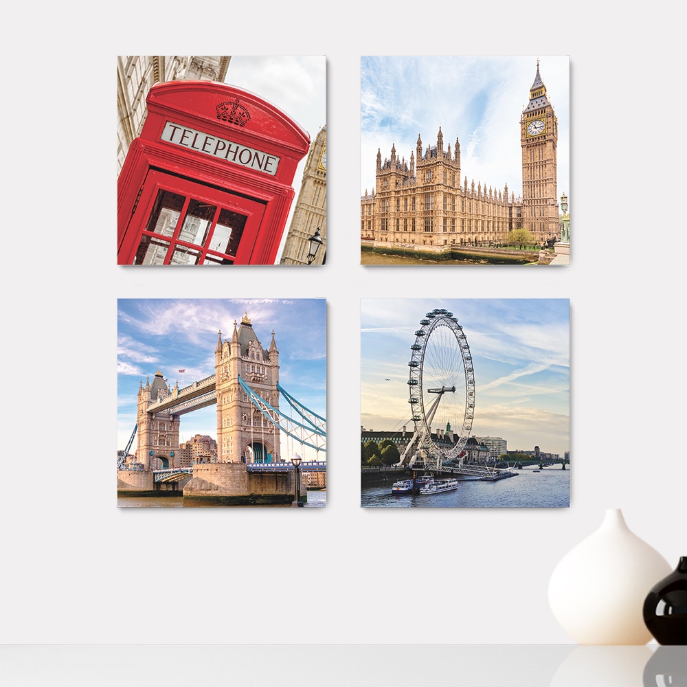 Kit 4 Quadros Decorativos Mundo Inglaterra Londres Europa Big Ben Cabine Telefônica Paisagem Casa Quarto Sala Placas - 0079ktpl4