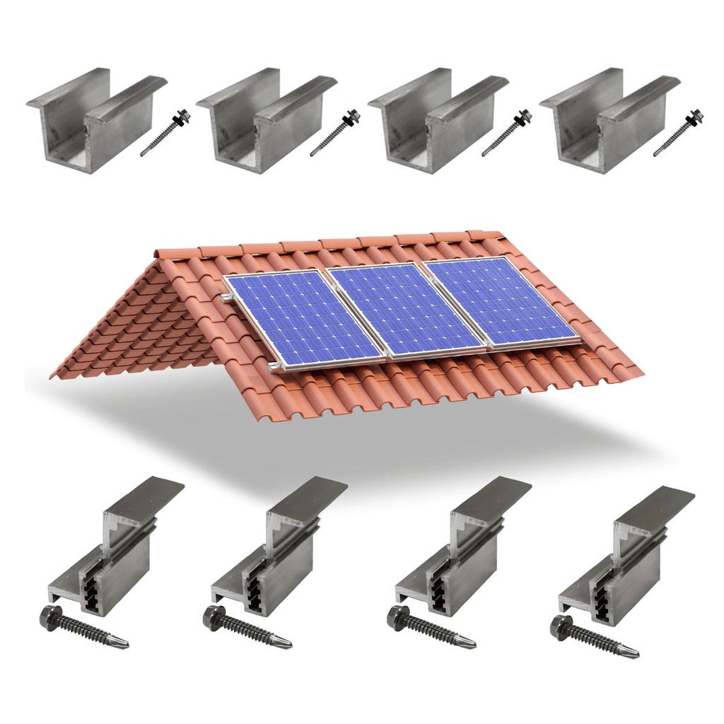 Kit Fixador Grampo Final Regulável e Intermediário Tipo U Para 03 Placas Painel Solar Alumínio e Inox | Perfil Master