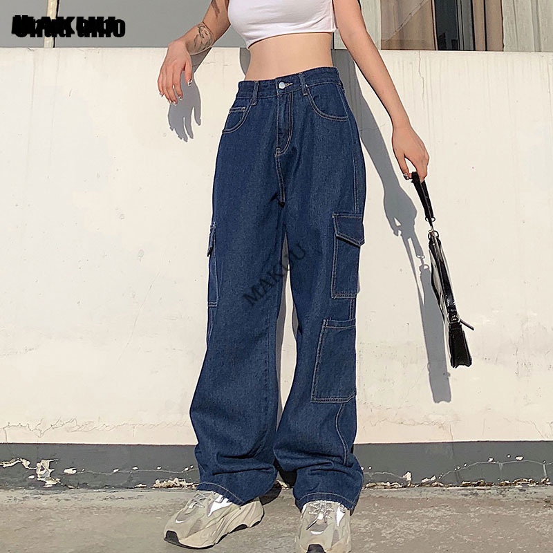 Amo Vintage Calça jeans Feminina Cintura Alta Baggy Streetwear Cargo ...