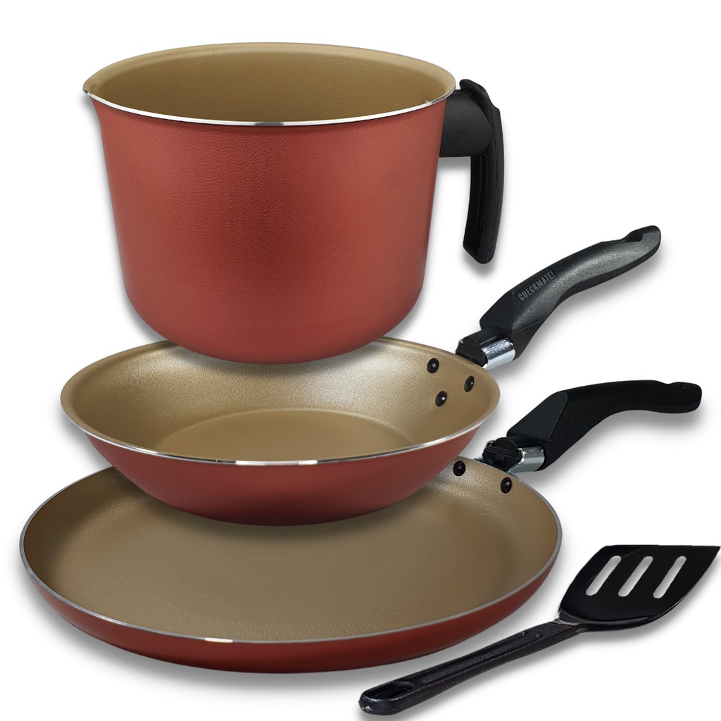 Kit Caneco 16 cm Frigideira Francesa 16 cm e Panquequeira 22 cm Antiaderente Teflon Cor Cereja Gold