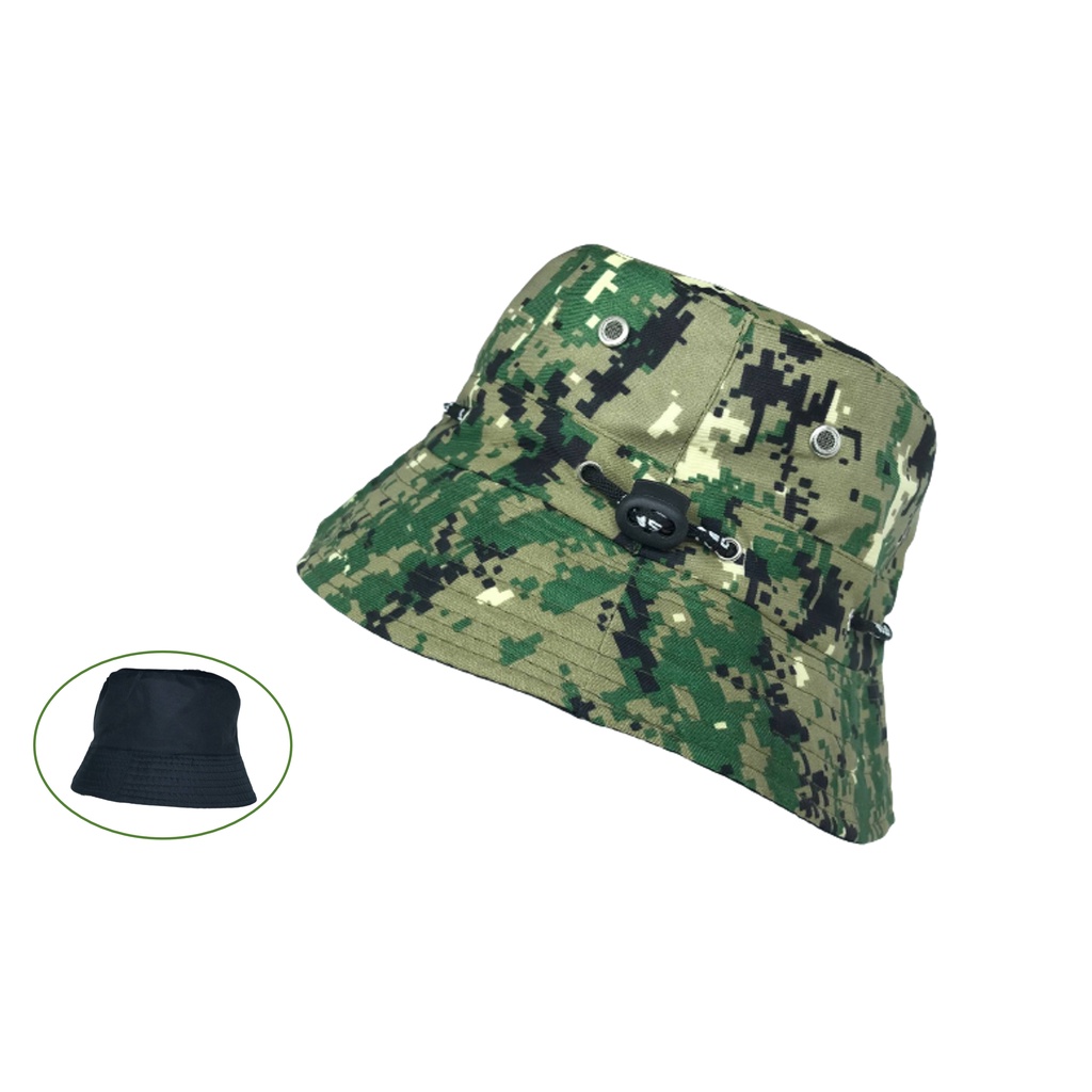 Detalhes do Chapéu Style Bucket Hat Aba Boné Dupla Face Proteção Sol - Camuflado Verde Escuro Digital