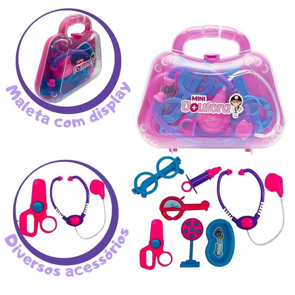 Brinquedo Infantil Mini Doutora Menina Com Maleta Acessórios Cores Sortidas Rosa e Roxa Paki Toys em Oferta na Shopee