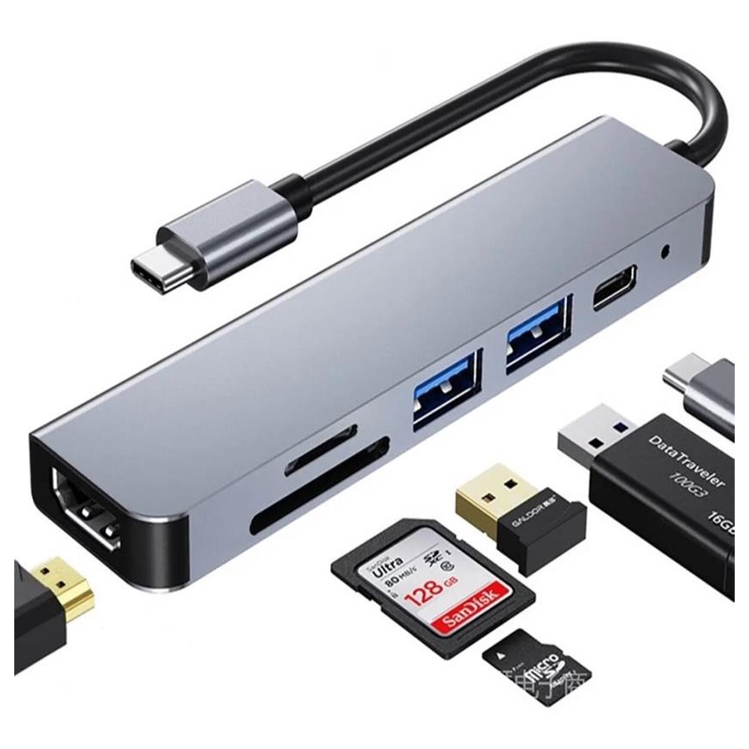 Hub USB C 6 portas em 1 USB 3.0 5 Gps Adaptador Switch Régua Carregador USB Hdmi SD Card