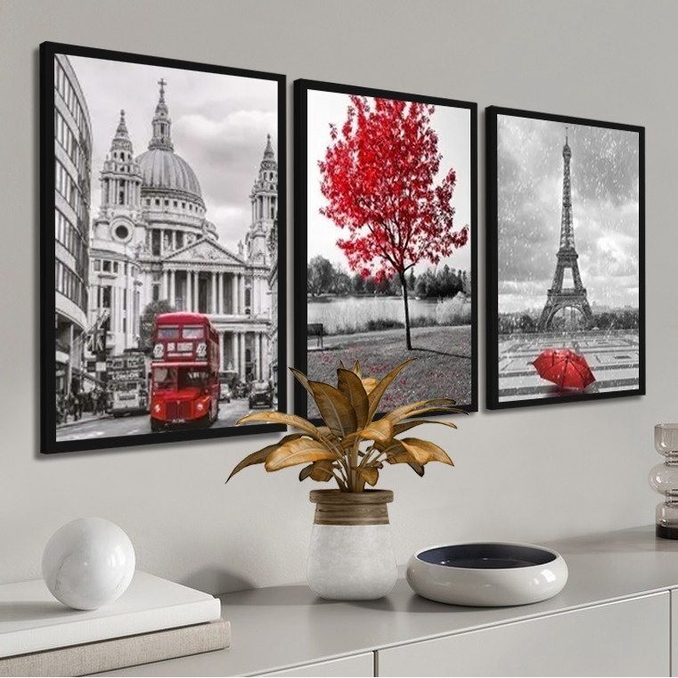 Quadro Londres Árvore Da Vida Vermelha Paris Torre Eiffel