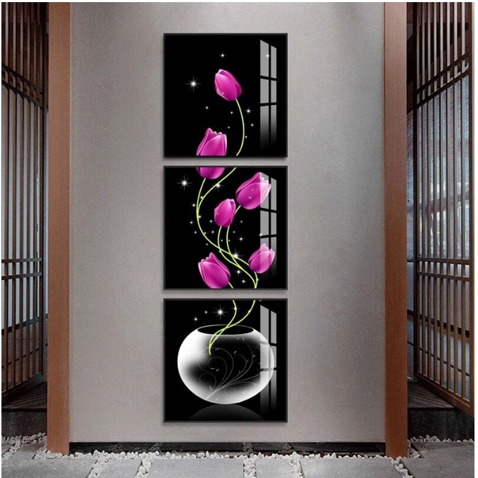 Quadro decorativo peças modular vaso com tulipas roxas flores para sua sala ou quarto