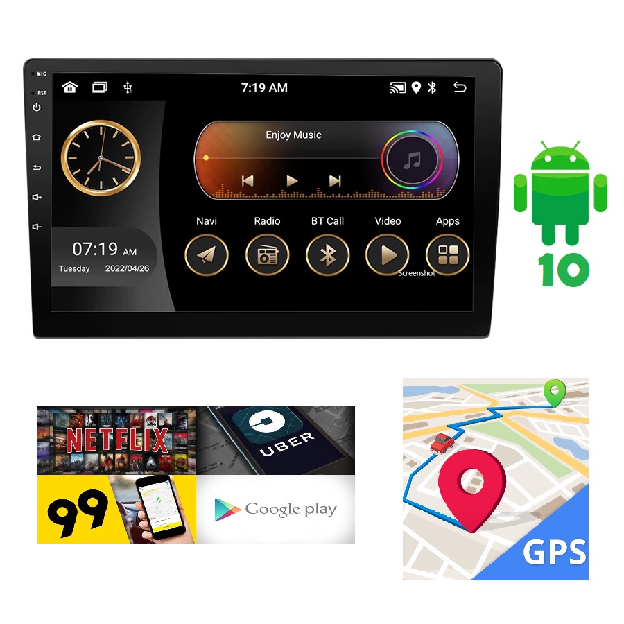 Central Multimidia Com Tela de 9 Polegadas Android, WIFI, 1GB/16GB, USB, GPS, Bluetooth