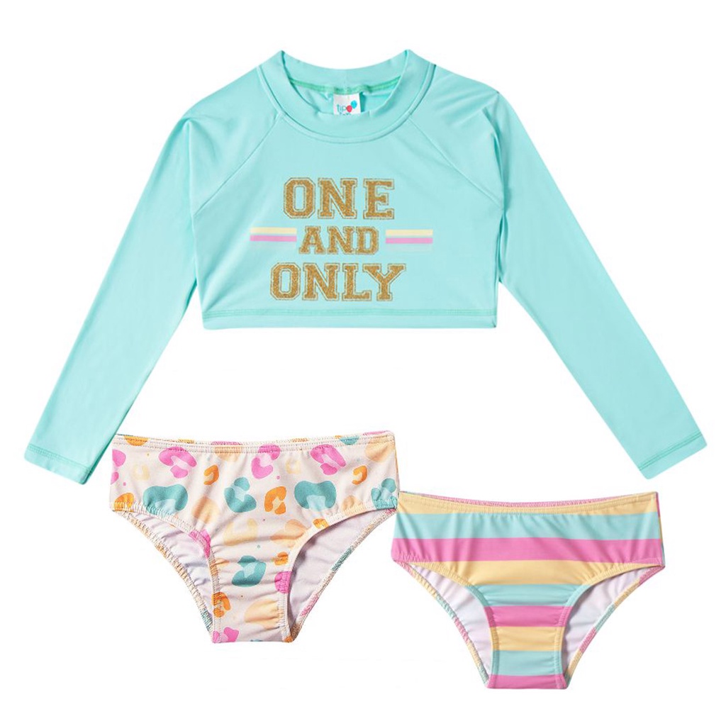 Biquíni Infantil 3 Peças Tip Top Proteção UV 50+ Cropped Manga Longa com 2 Calcinhas Sports Verde Água Feminino Menina