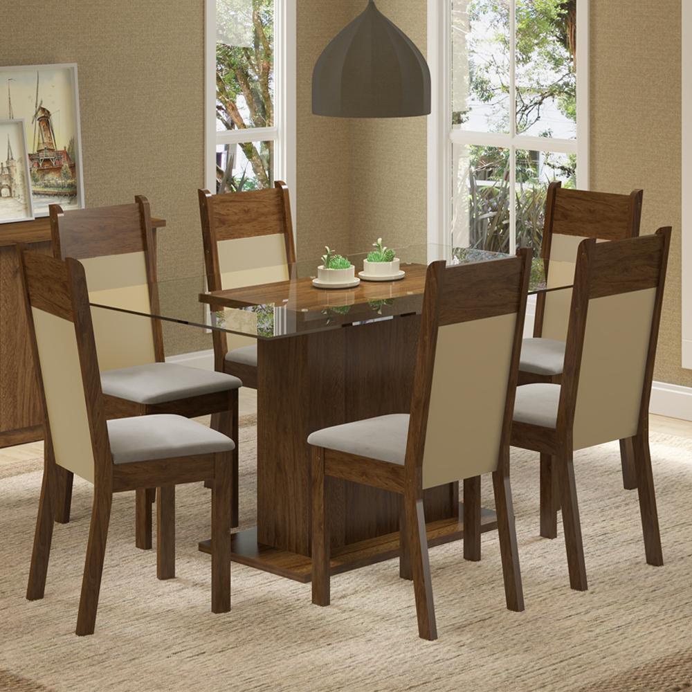 Conjunto Sala de Jantar Madesa Atlanta Mesa Tampo de Vidro com 6 Cadeiras - Rustic/Crema/Pérola
