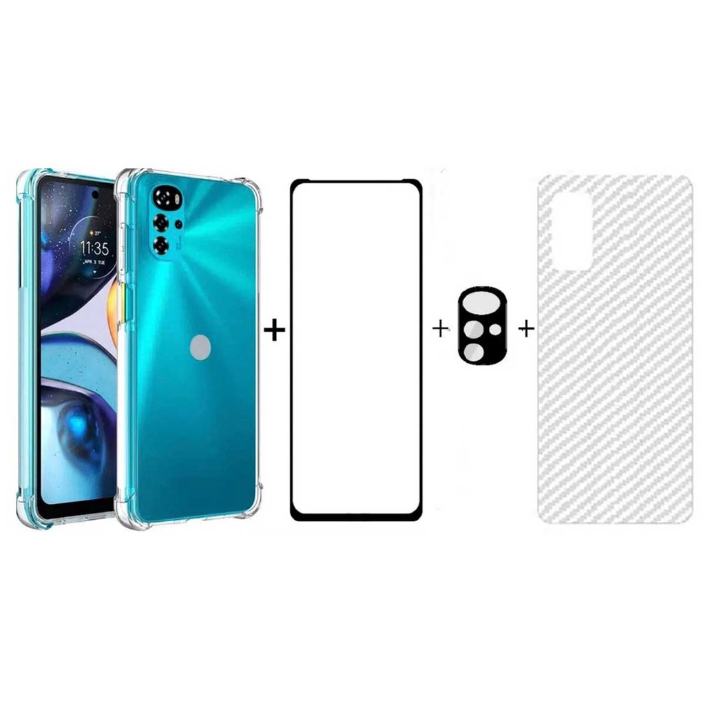 Kit 4x1 Capa Capinha Antiqueda Moto G22 + Película Frontal 5D + Película Traseira Fibra Slim + Película de Câmera