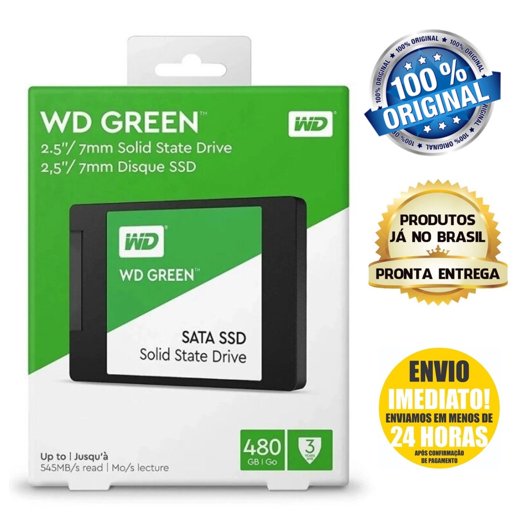 SSD WD Green 480GB SATA I, II e III Leitura 545MB/s, Gravação 465MB/s - WDS480G2G0A