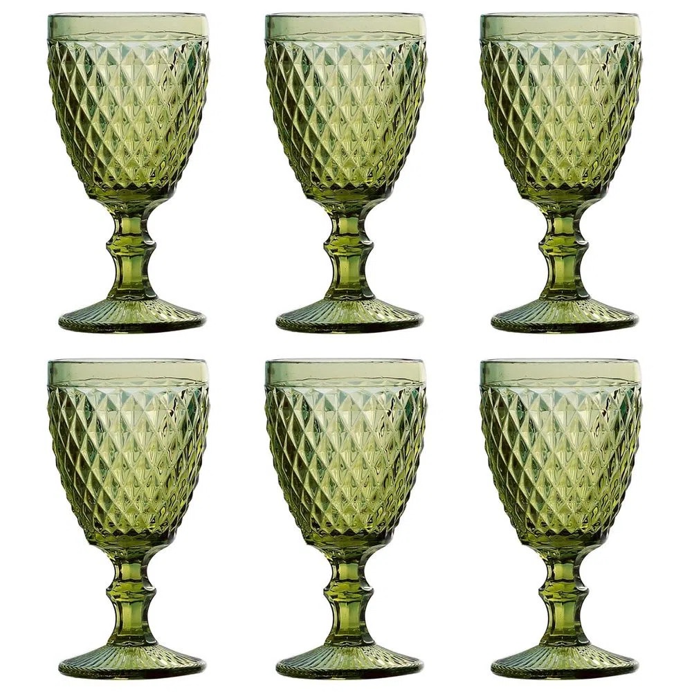 Jogo de 6 Taças de Vidro Verde - Bico de Abacaxi 300 ml