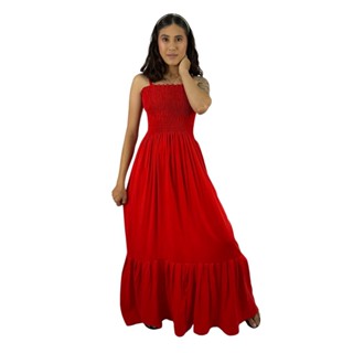 Vestido Longo Com Babado Alcinha -VERMELHO -0014