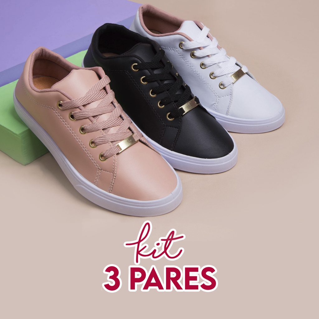 Kit 3 Pares Tenis Feminino Casual Sintético Original Confortavel Barato