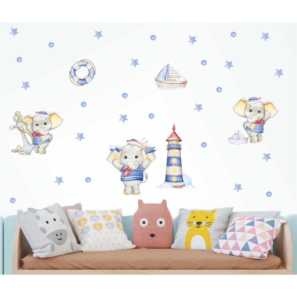 Adesivo de Parede Infantil Elefante Marinheiro Cute  Papel de Parede Auto Colante Decalque