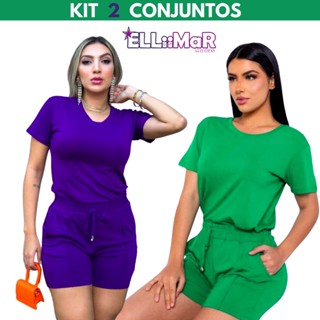 Kit 2 Conjunto Feminino Short e Blusa Malha Elastano