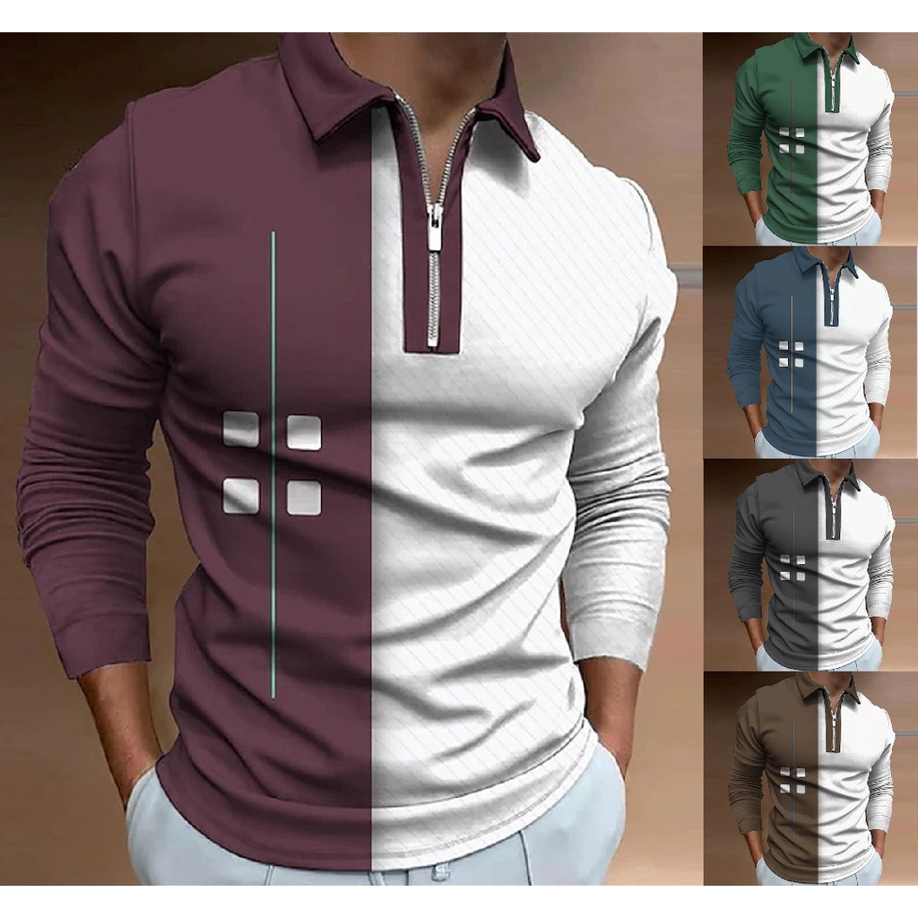 Camisa POLO De Manga Comprida Masculina Bloqueio De Cores Camiseta Com Zíper Estampado Lapela