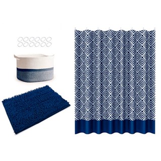 Kit Tapete Cortina e Cesto de Banheiro Azul - Casambiente JGBA044