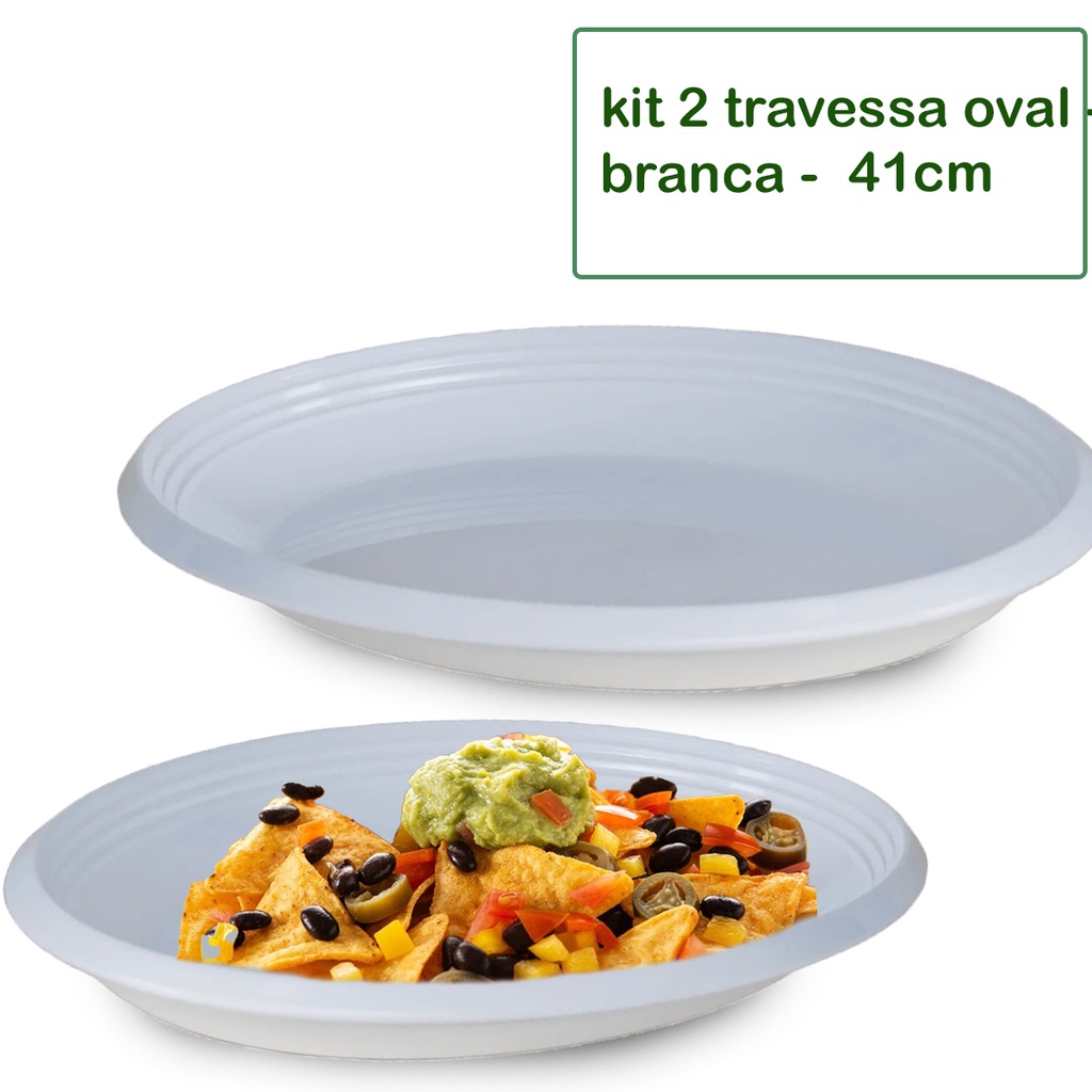 Kit 2 Travessa Saladeira Petisqueira Oval Le Chef Branca Plástico 41x24x3,75CM