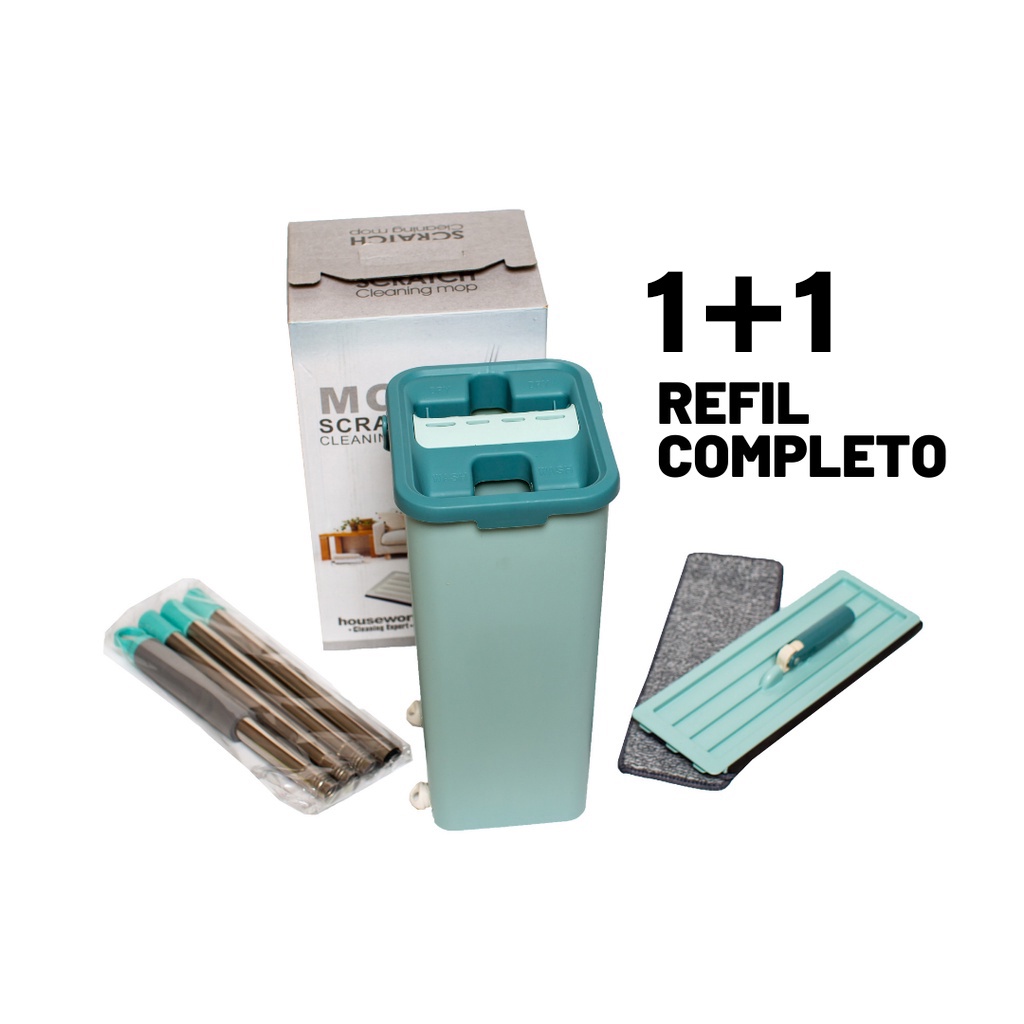 Mop Flat Com 2 Refis Completos Cabo Extensível 116cm Inox Com Balde 6 ...