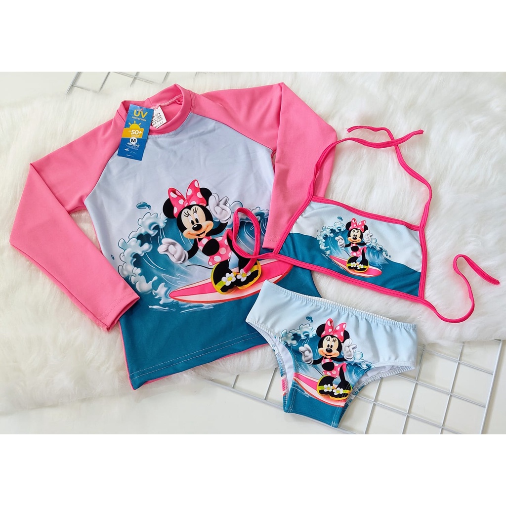 Kit Biquini Infantil com Blusa Proteção Solar Infantil Manga Longa UV50 Roupa para Praia e Piscina Personagens