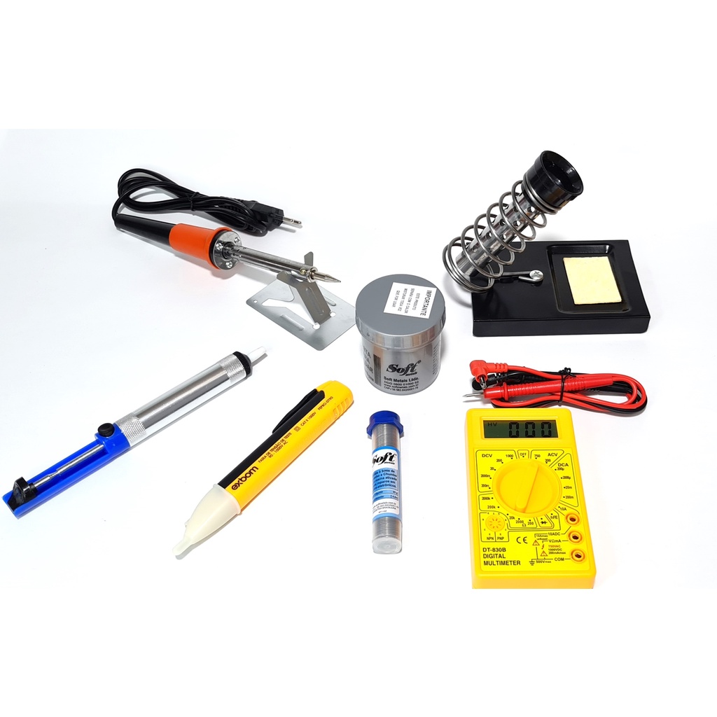 Kit Completo de solda ferro 60w 110v + multimetro + caneta + estanho + suporte + sugador + pasta
